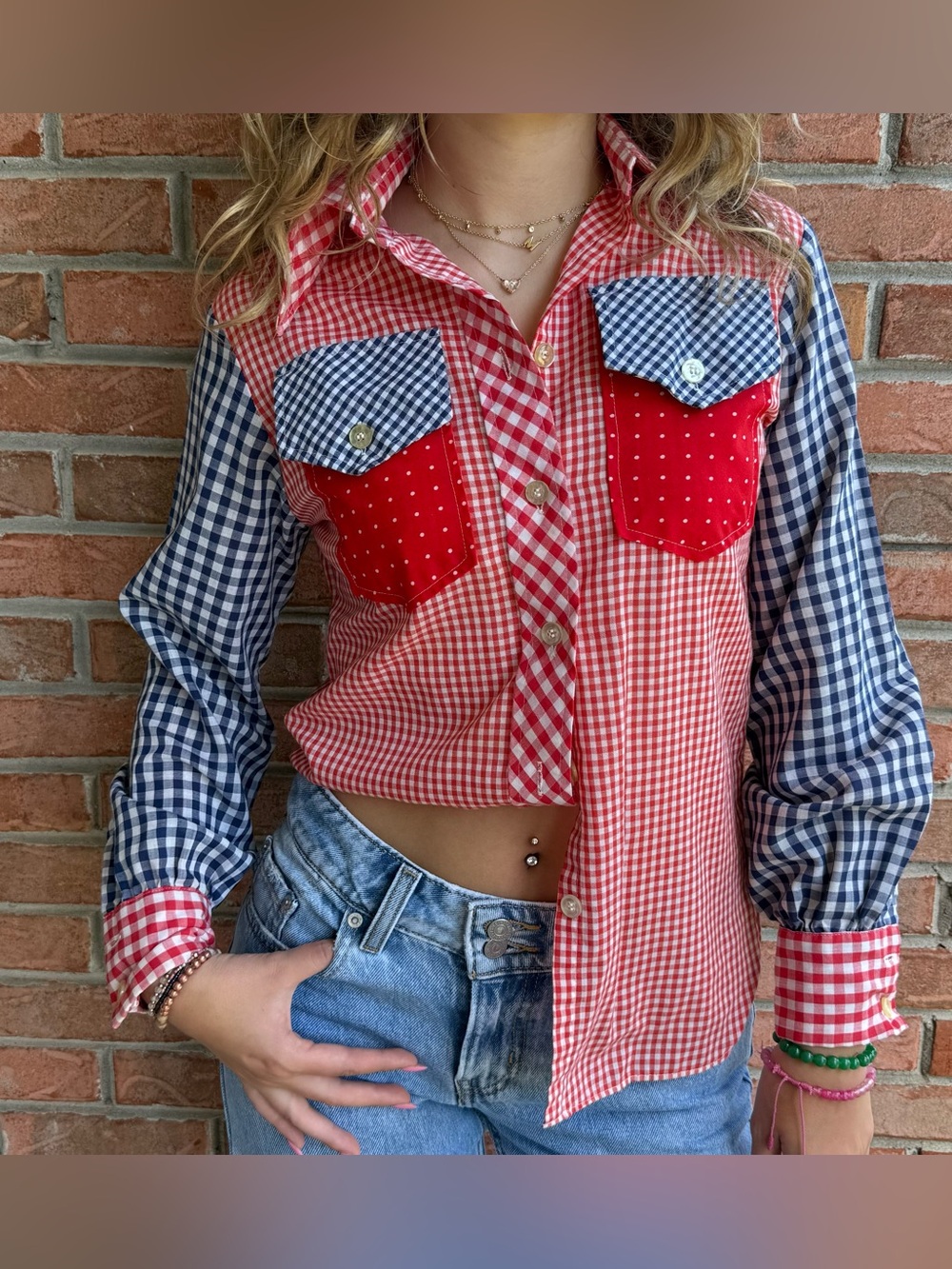 Vintage 1970s Lady Wrangler gingham dagger collar mixed-print Western shirt. XS